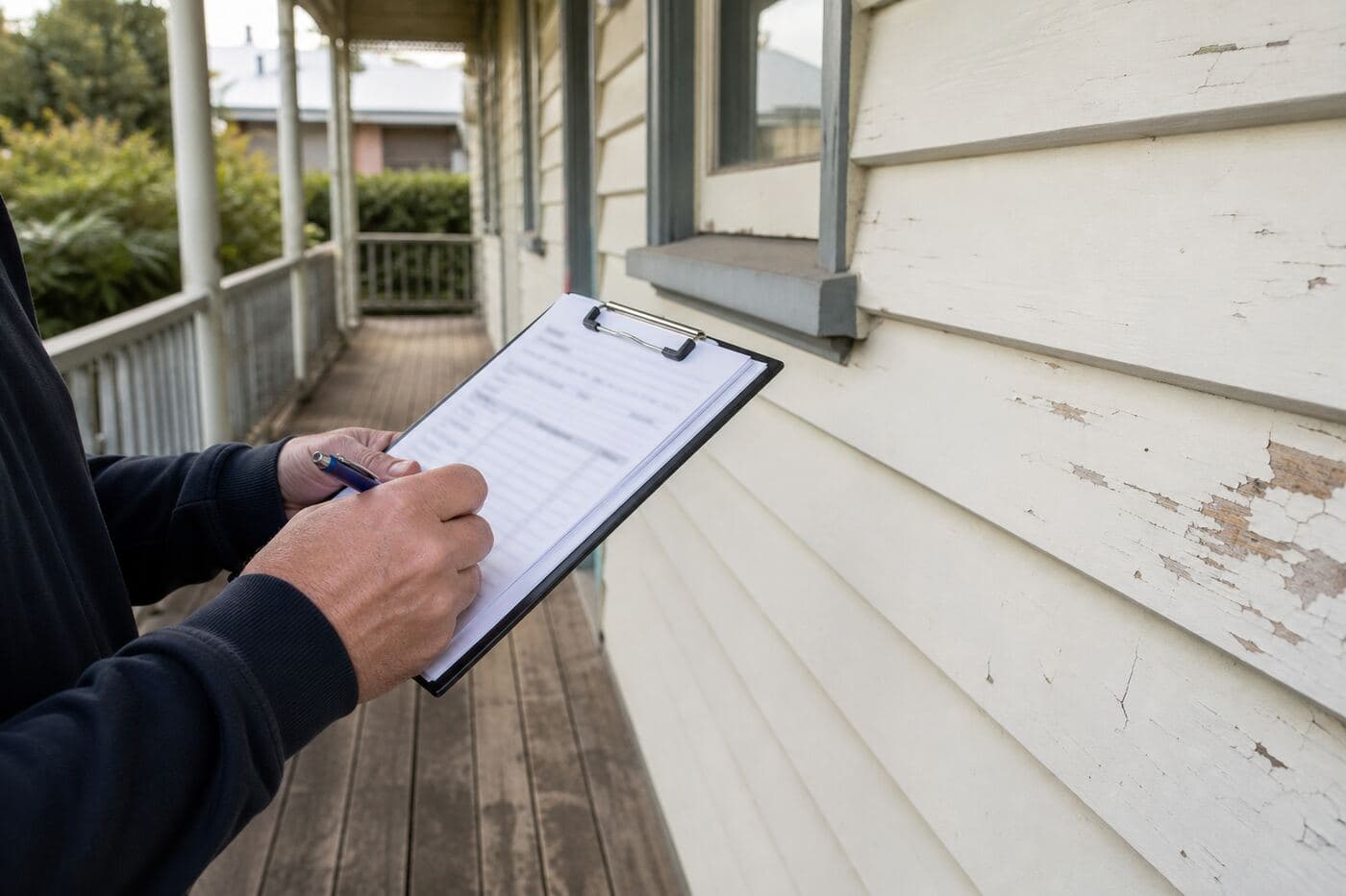 Home inspection notes being taken on a timber verandah