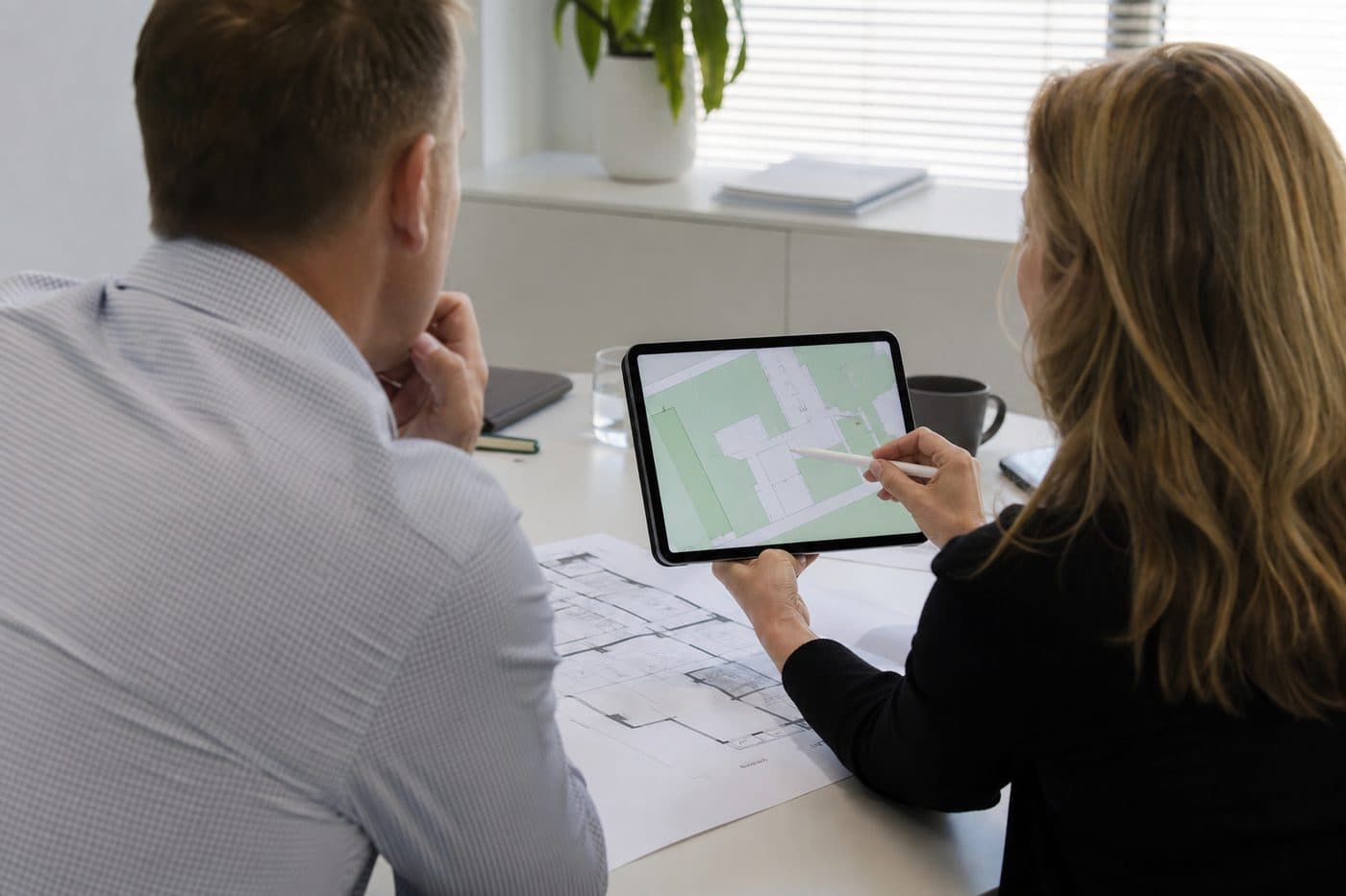 Property professionals reviewing floor plans and a map during a consultation
