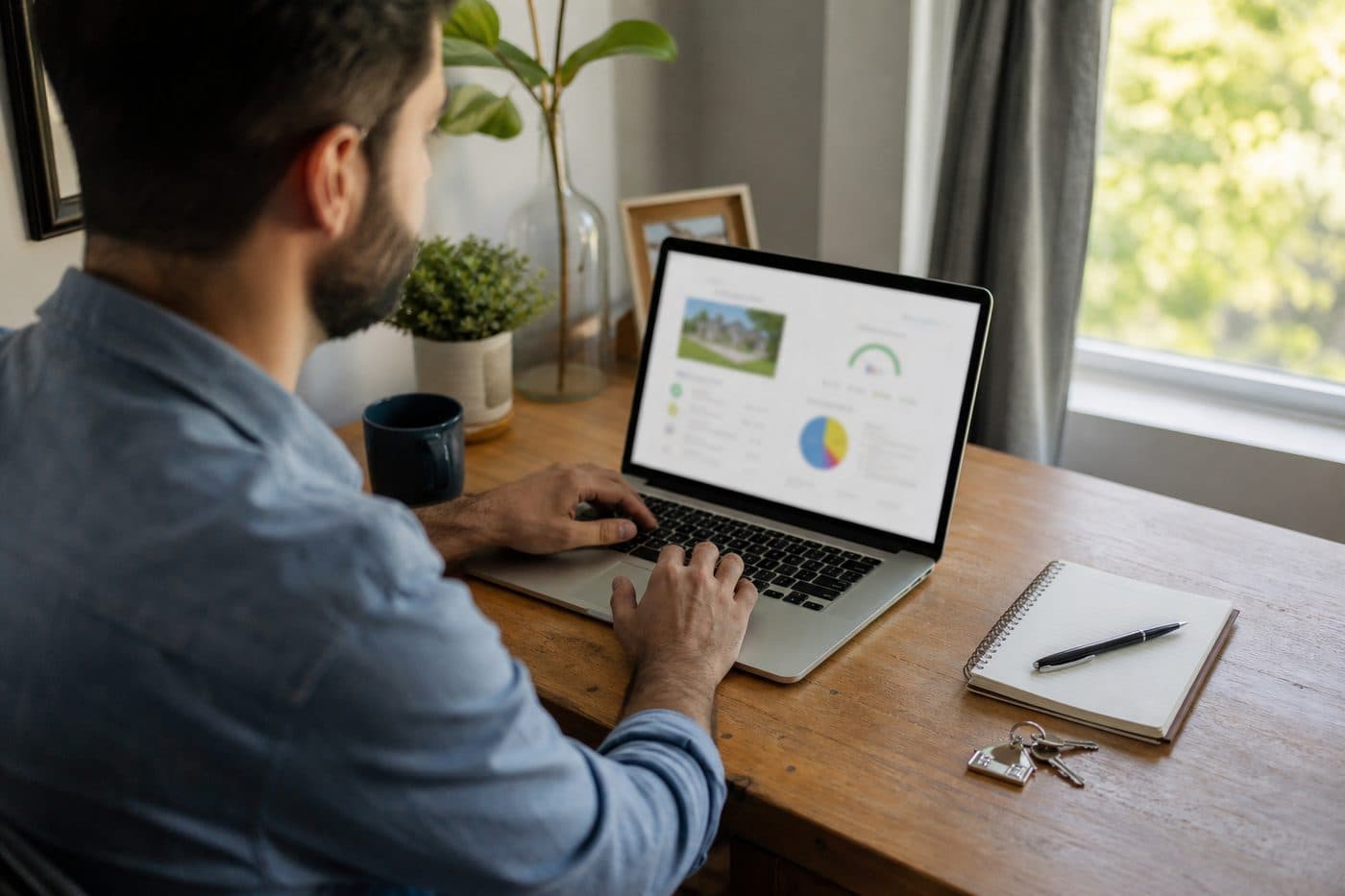 Home buyer reviewing a property research report on a laptop at a desk